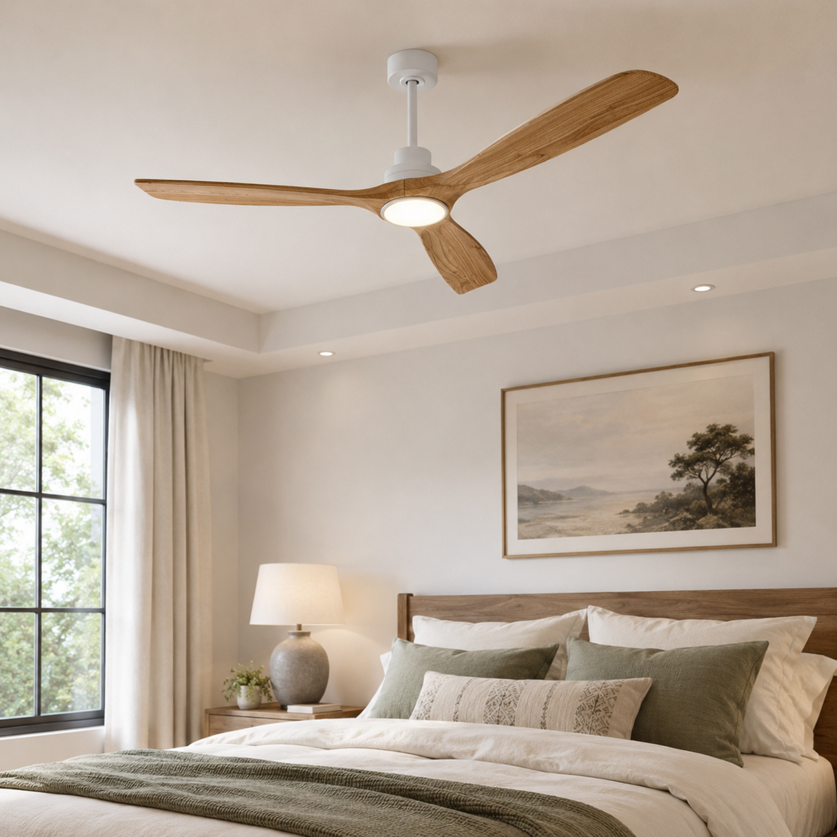 Ceiling fan in a bedroom with a bed, lamp, and wall art.
