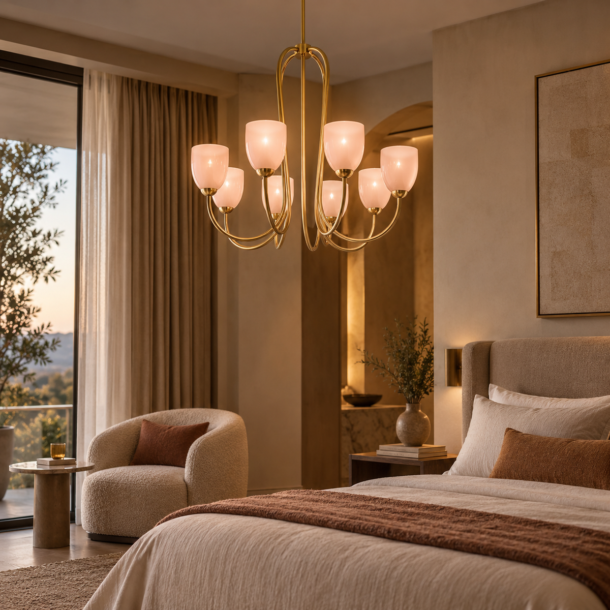 A modern multi-light chandelier with frosted glass shades hangs in a warm, elegantly styled bedroom with beige walls, a bed, and a chair.