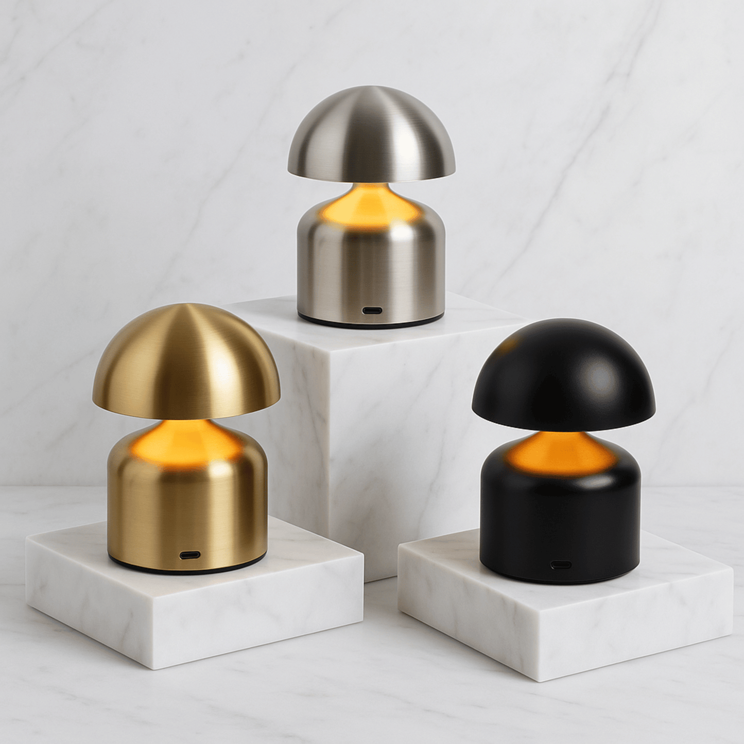 Three mushroom-shaped lamps in gold, silver, and black on marble bases against a light gray background.