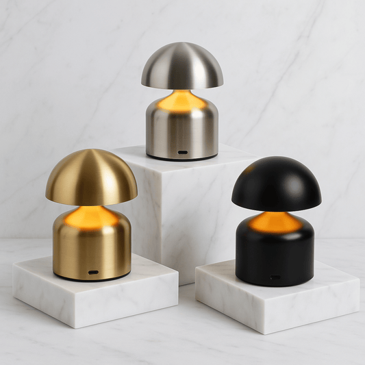 Three mushroom-shaped lamps in gold, silver, and black on marble bases against a light gray background.
