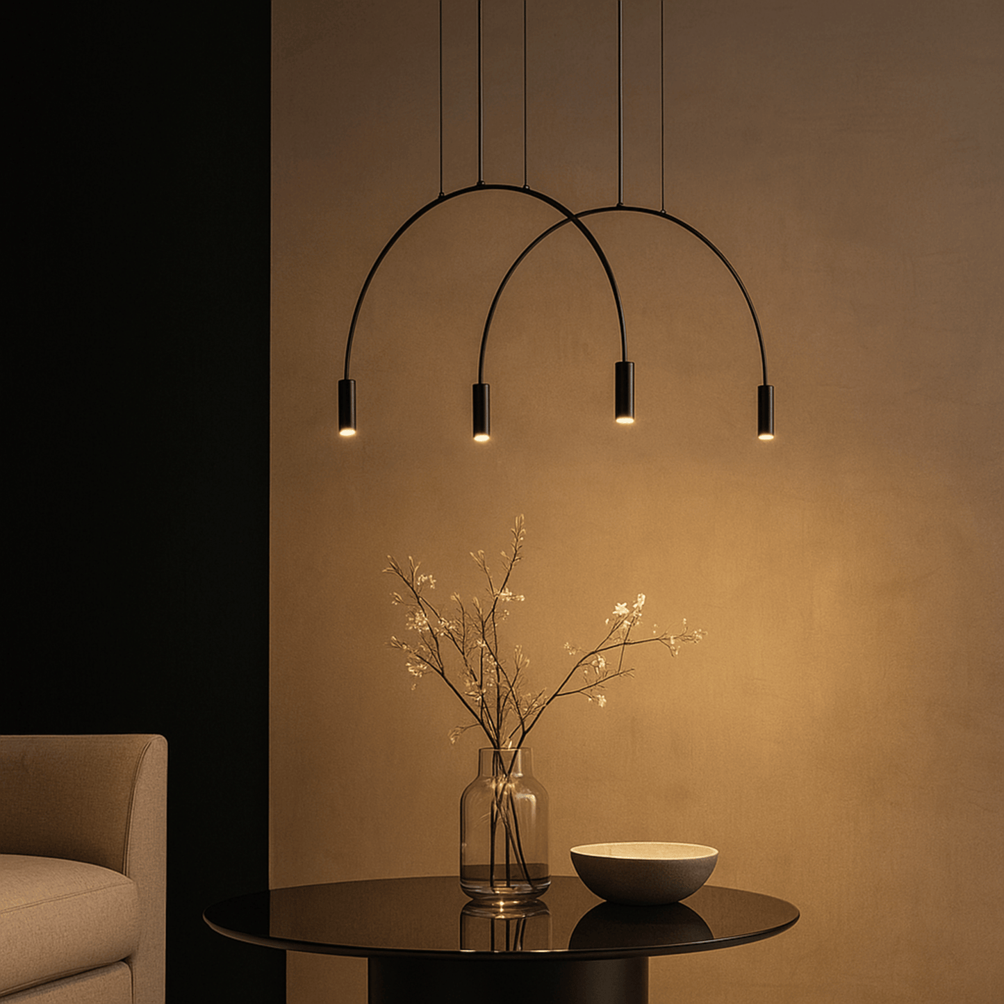 Modern chandelier with three lights hanging above a table with a vase and bowl.