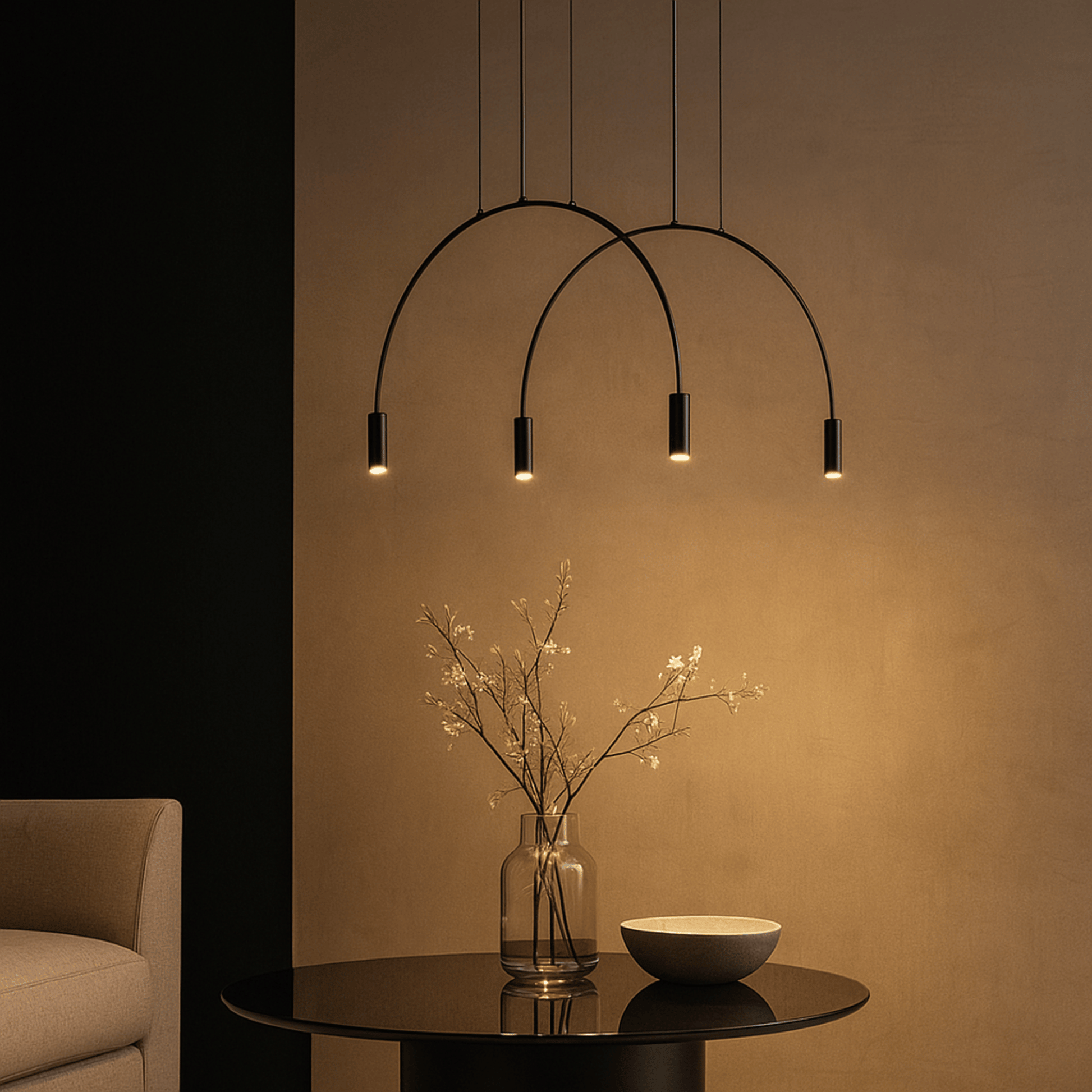 Modern chandelier with three lights hanging above a table with a vase and bowl.
