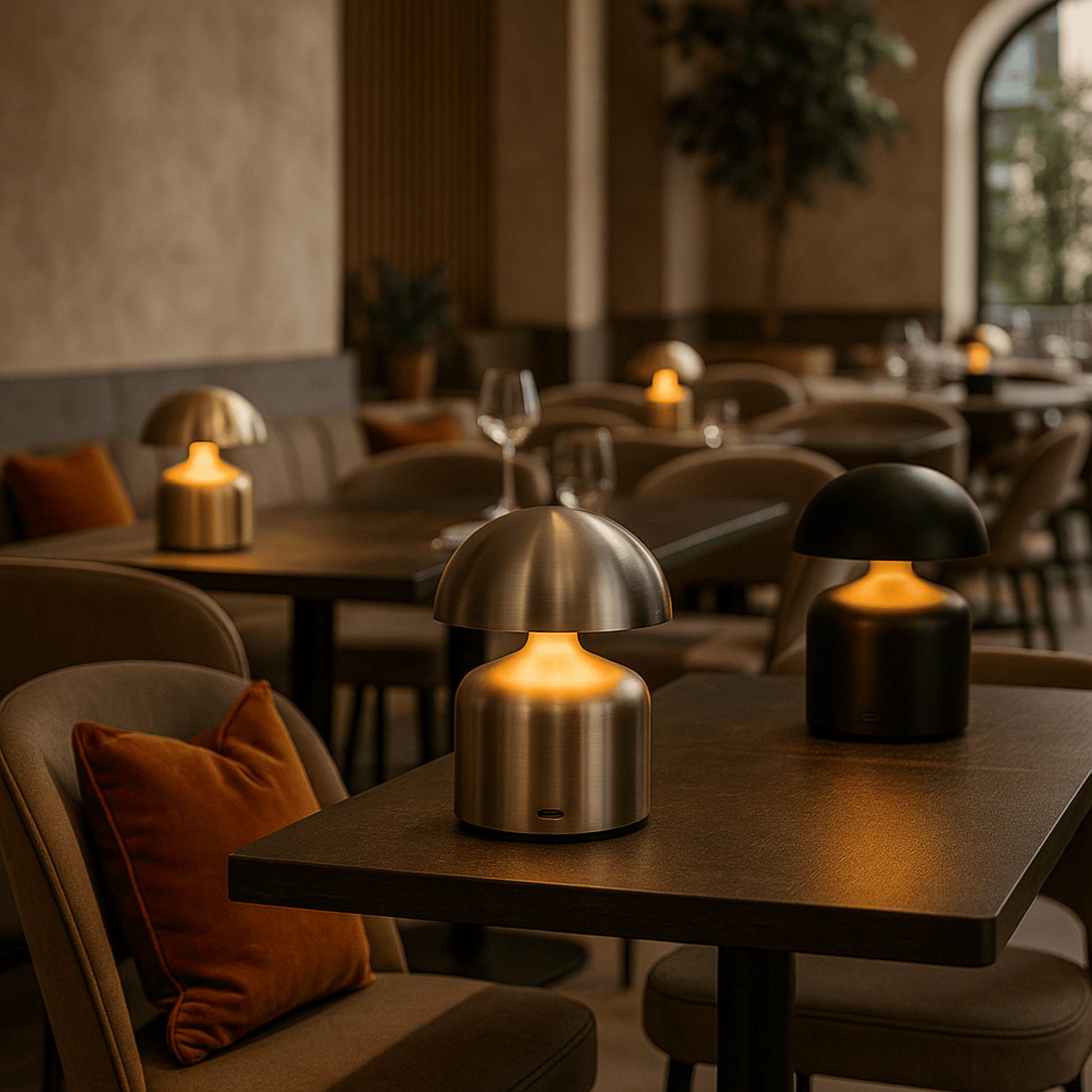 Cozy restaurant interior with tables, chairs, and decorative lamps.