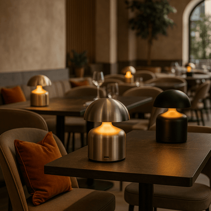Cozy restaurant interior with tables, chairs, and decorative lamps.