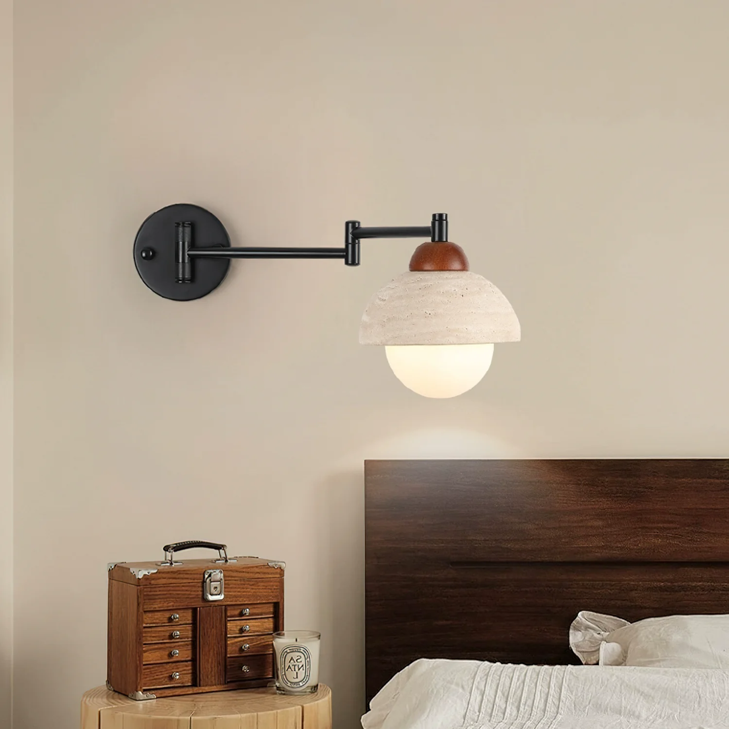 Wall-mounted lamp with a wooden headboard and wooden nightstand in a bedroom setting.