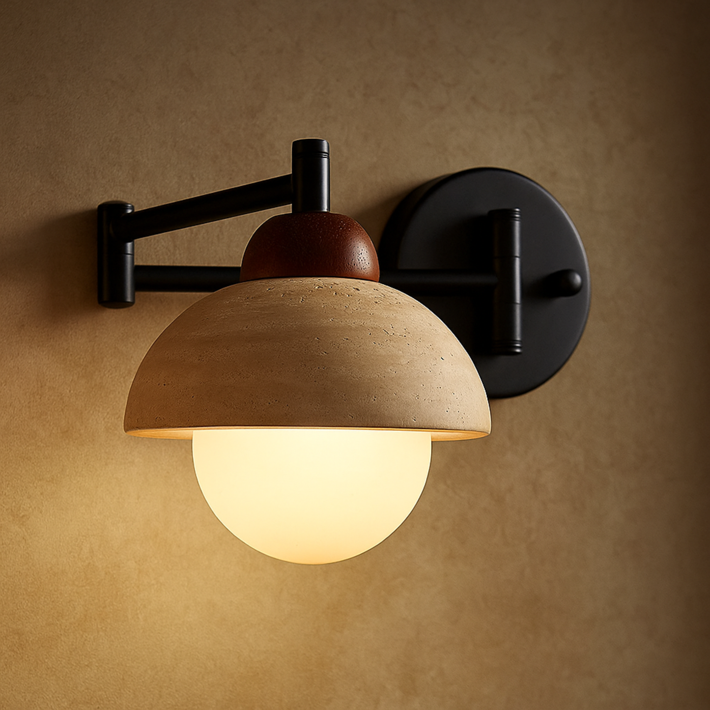 Wall-mounted light fixture with a brown shade and black arm on a beige wall.
