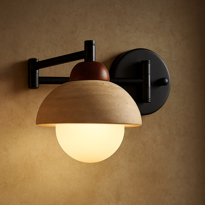 Wall-mounted light fixture with a brown shade and black arm on a beige wall.