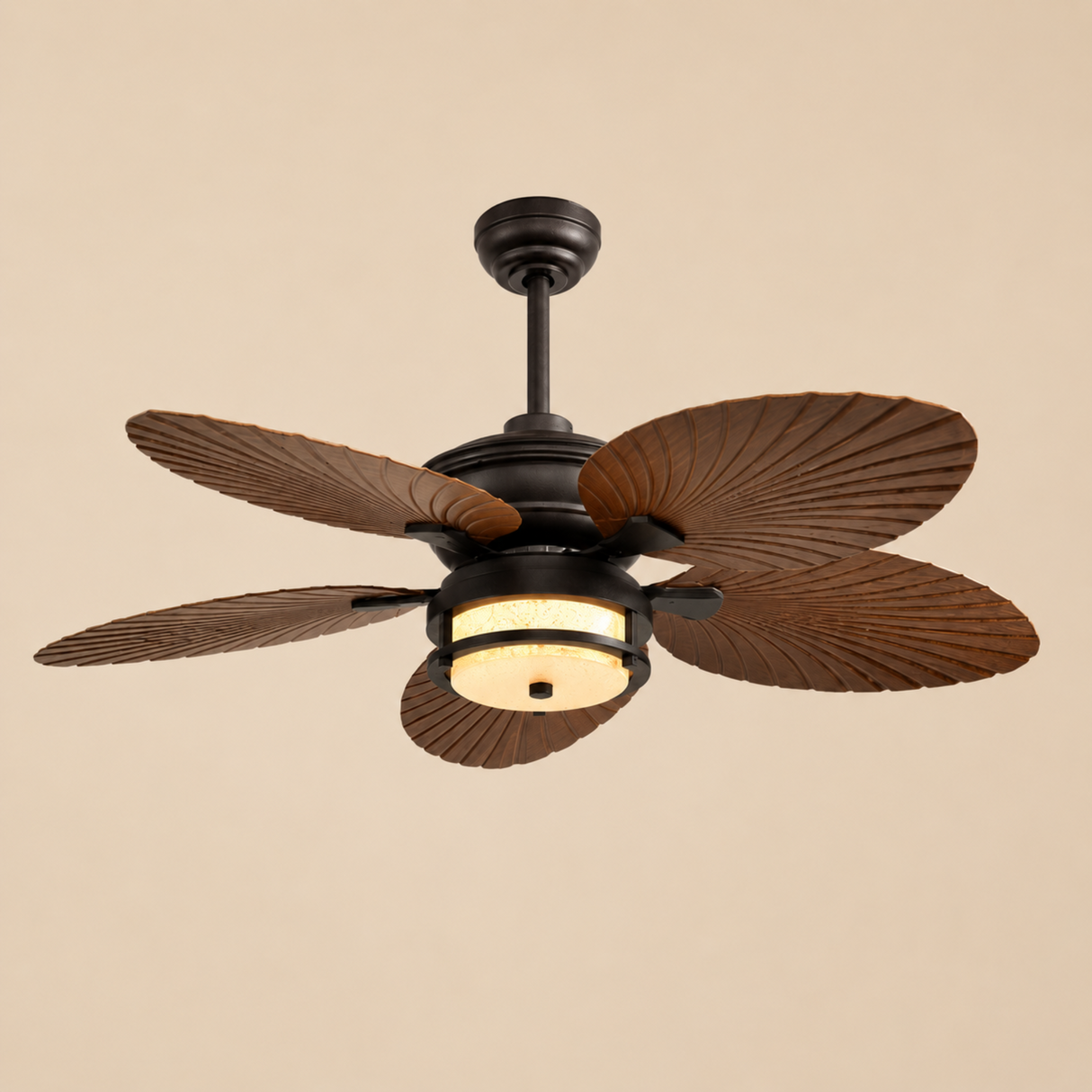 Ceiling fan with wooden blades on a beige background