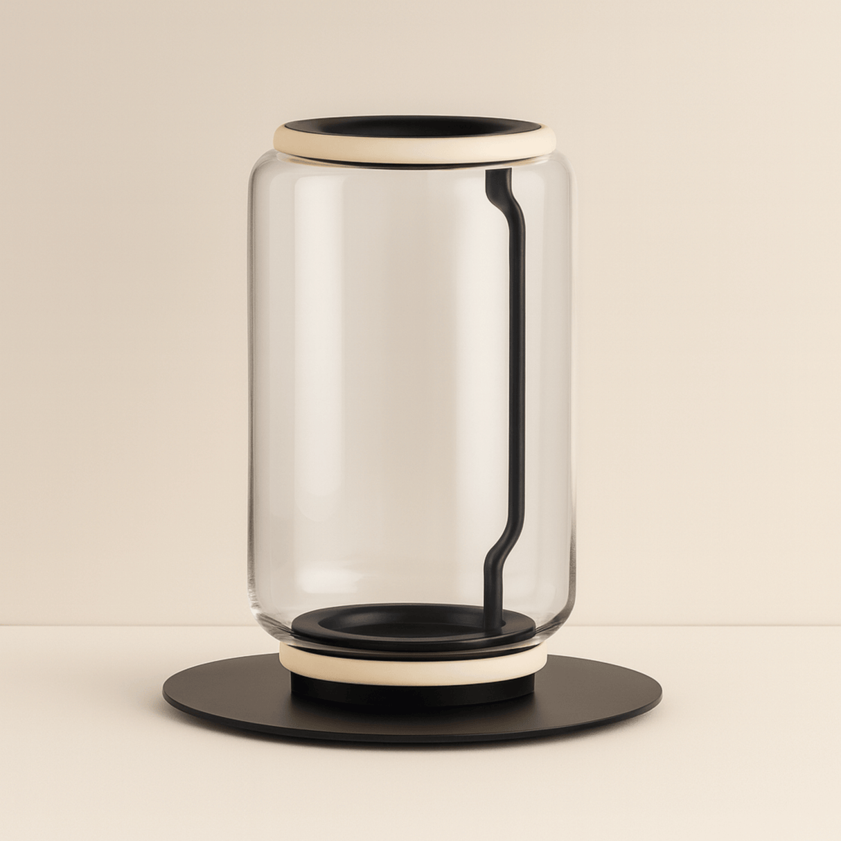 Modern glass table lamp with black base and accents on a beige background