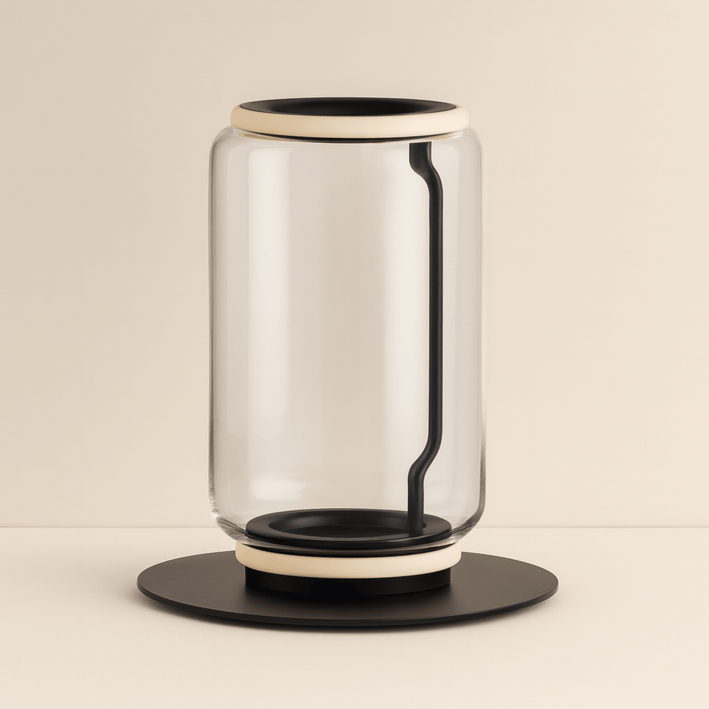 Modern glass table lamp with black base and accents on a beige background