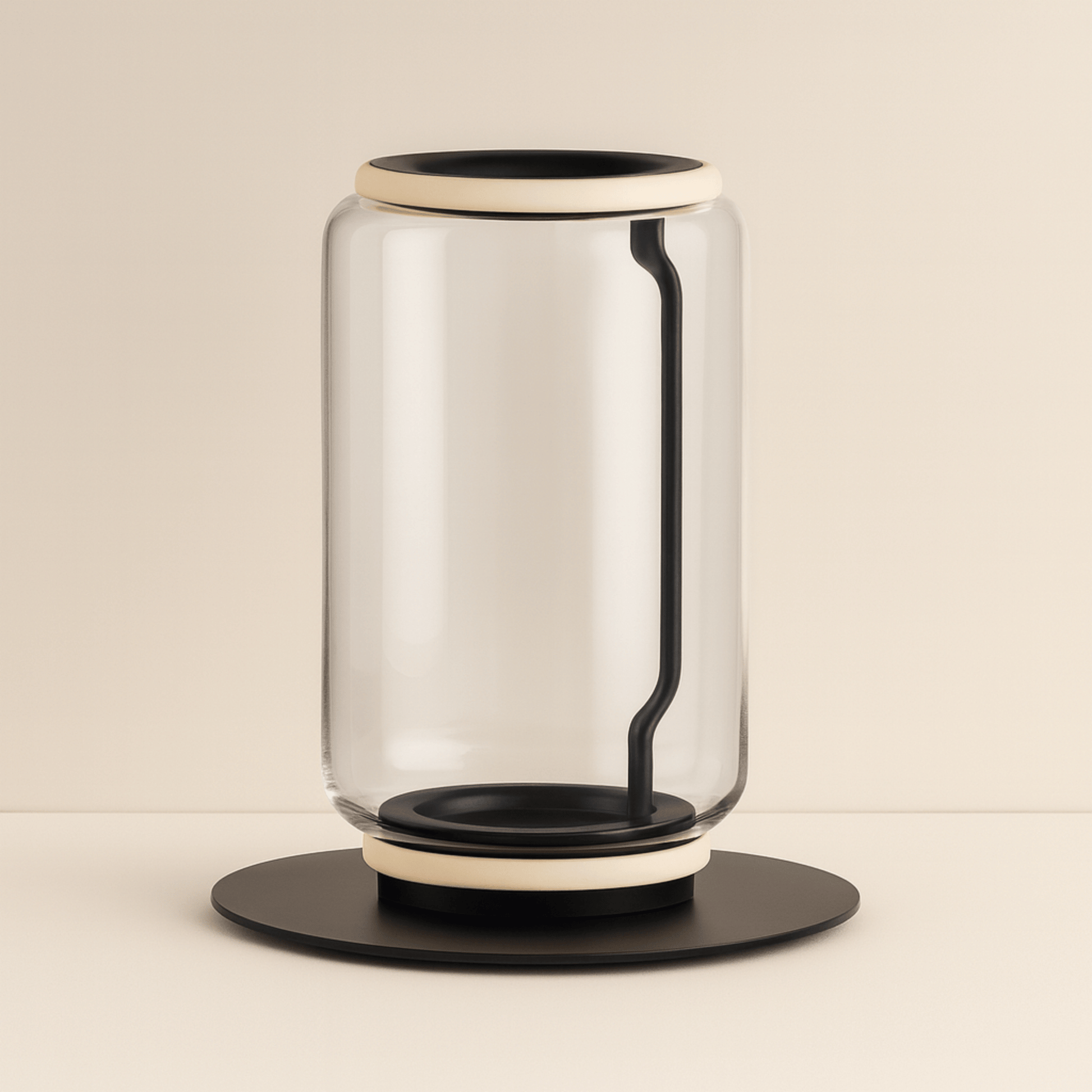 Modern glass table lamp with black base and accents on a beige background