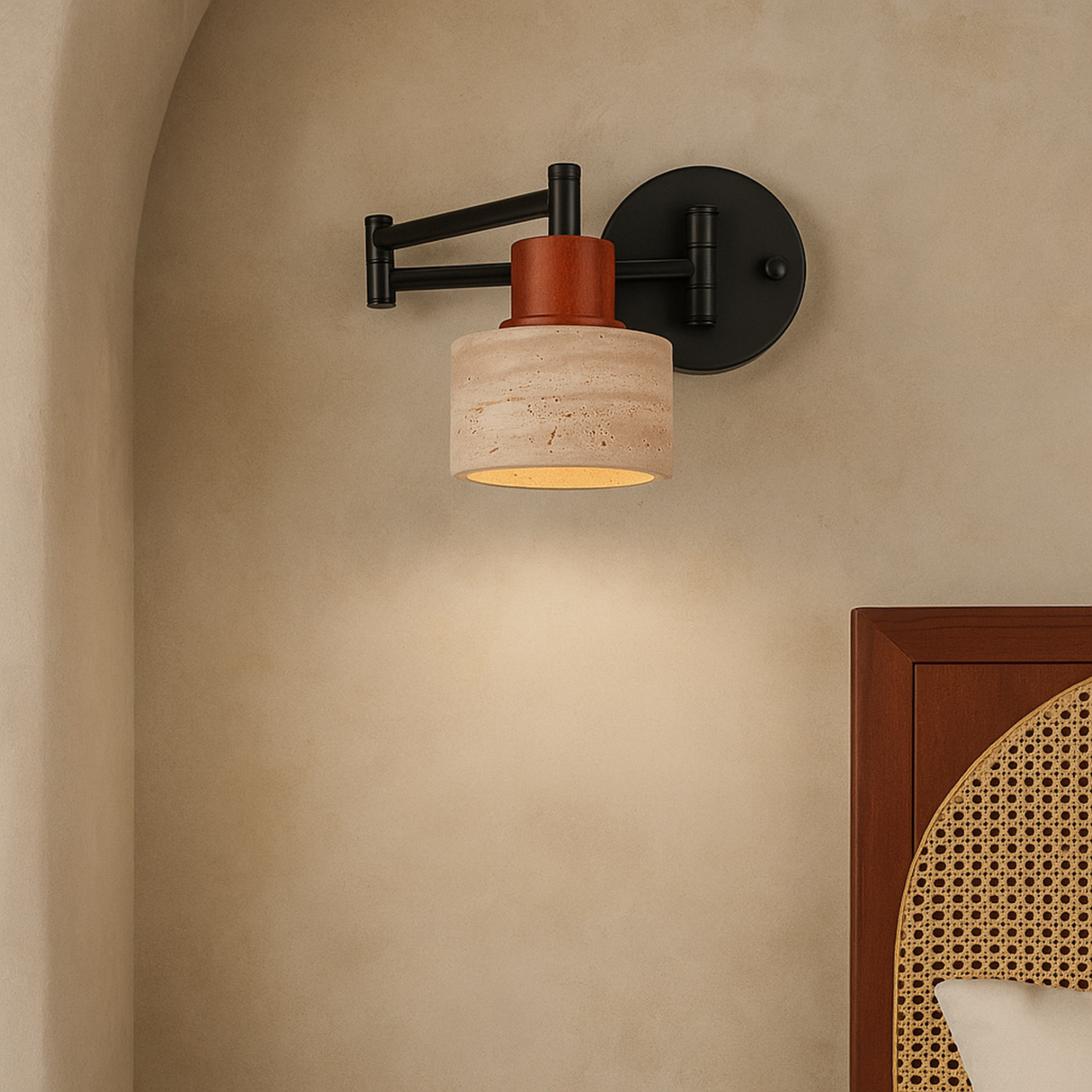 Wall-mounted light fixture with a beige lampshade and black metal arm on a beige wall.