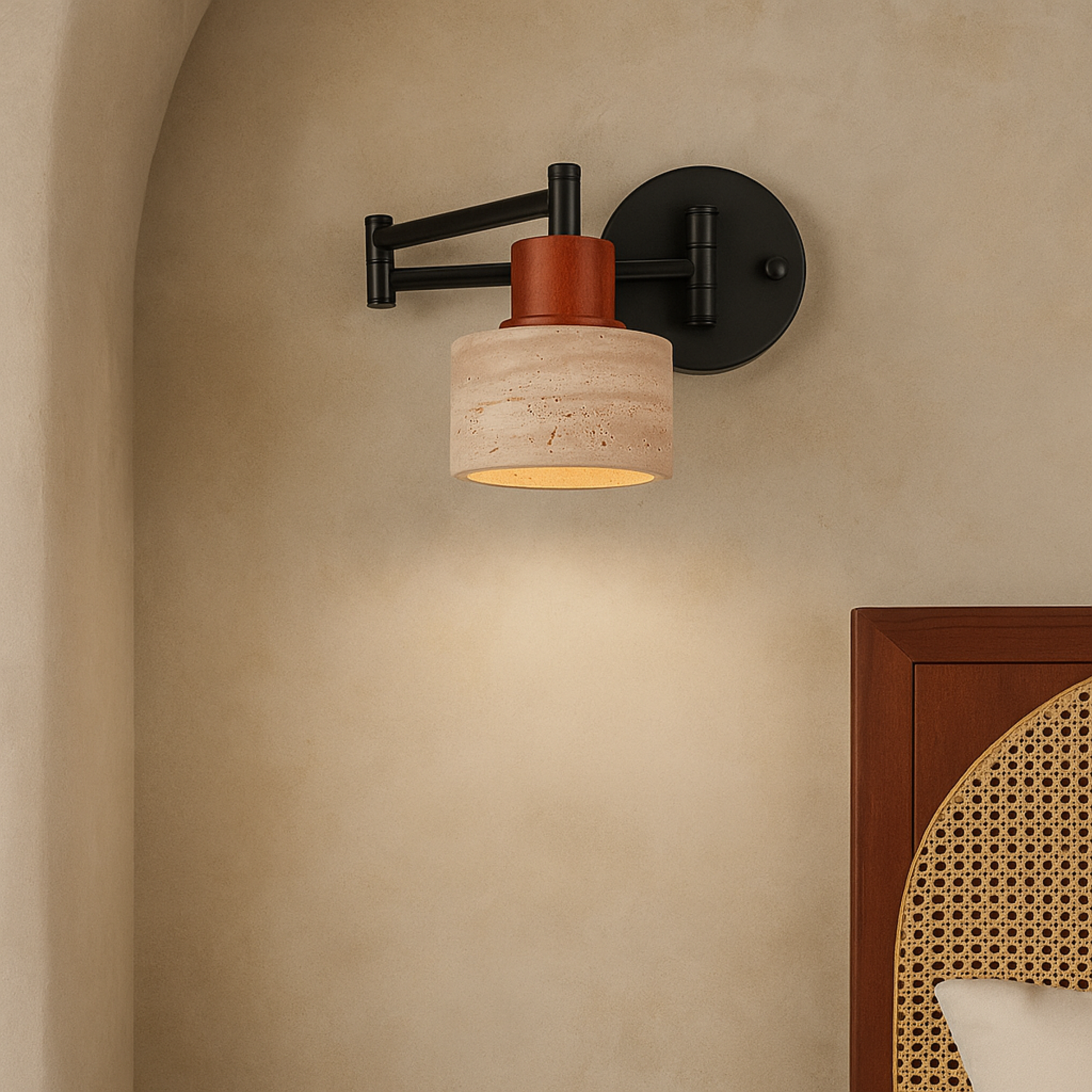 Wall-mounted light fixture with a beige lampshade and black metal arm on a beige wall.