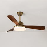 Ceiling fan with wooden blades and brass finish on a white background