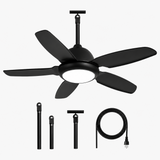 Black ceiling fan with included components on a white background