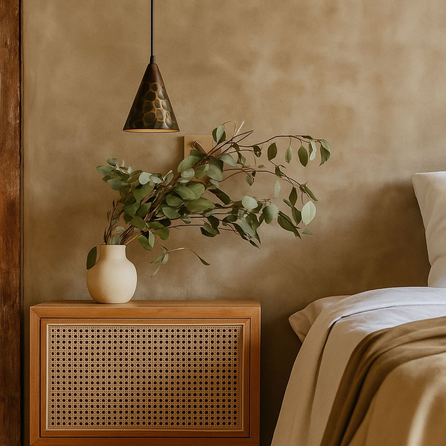 Nursery room with wooden crib, greenery, and soft lighting