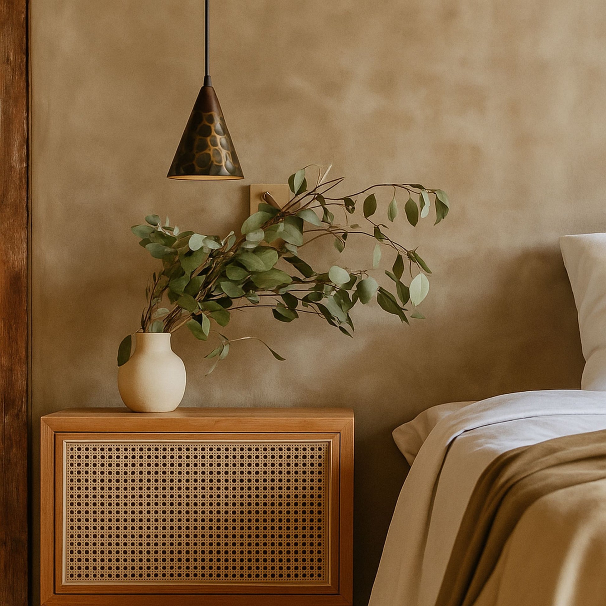 Nursery room with wooden crib, greenery, and soft lighting