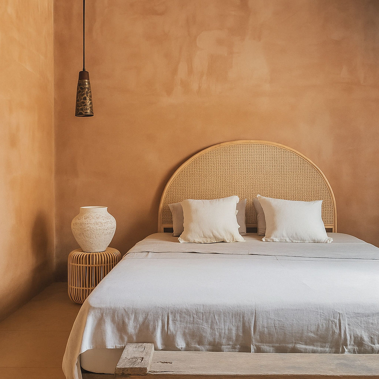 Bedroom with a wicker headboard and white bedding against a warm-toned wall.