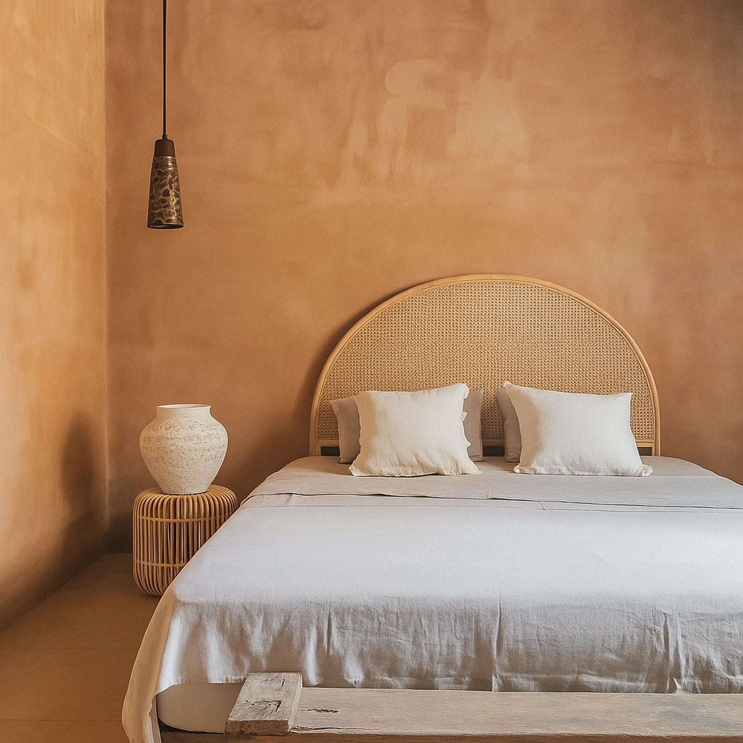 Bedroom with a wicker headboard and white bedding against a warm-toned wall.
