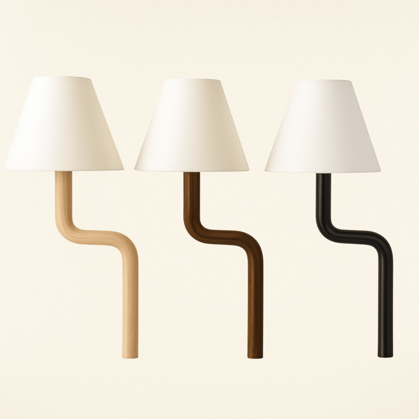 Three wall lamps with white shades on a beige background