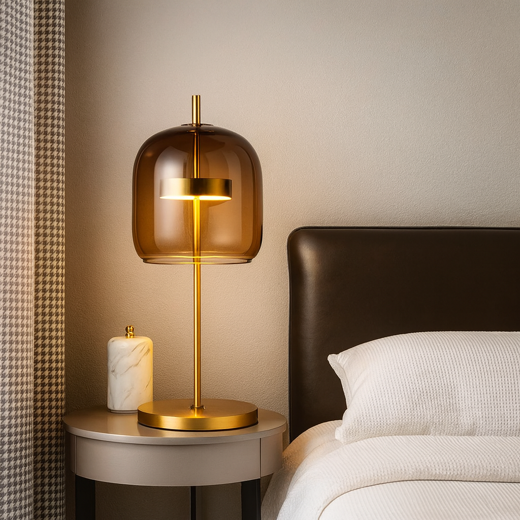 Decorative table lamp with a gold base and amber glass shade on a nightstand next to a bed.