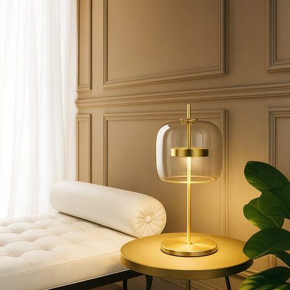 Modern gold table lamp on a round wooden side table with a beige wall and white cushion in the background.