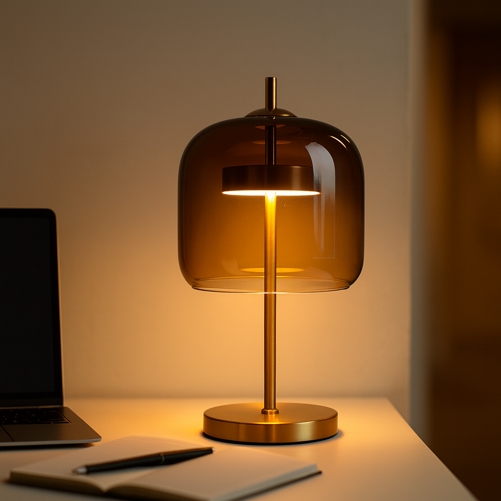 Table lamp with a warm glow on a desk next to a laptop and notebook.