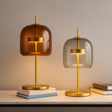 Two table lamps with gold bases and glass shades on a neutral background