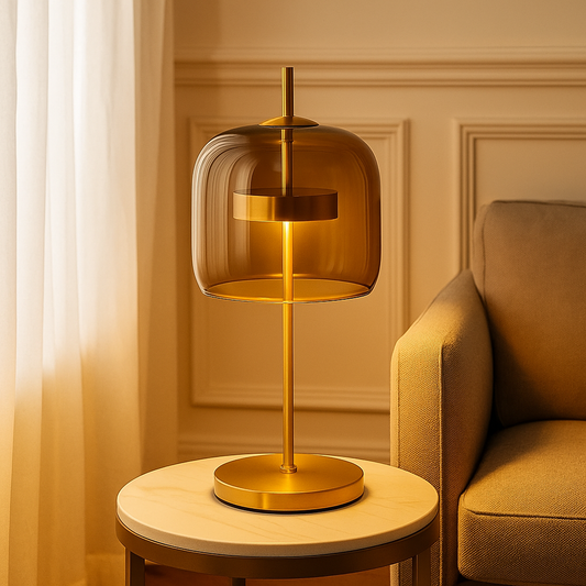 Gold table lamp on a round wooden side table with a beige sofa and wall in the background