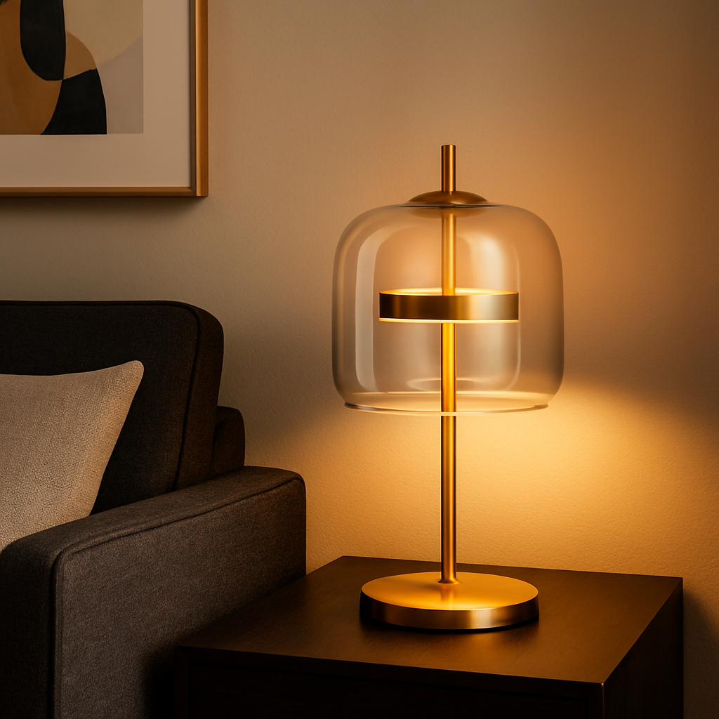 Modern table lamp with gold finish on a dark surface, illuminated in a cozy room.