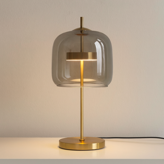 Table lamp with gold base and clear glass shade on a neutral background