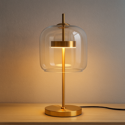 Gold table lamp with clear glass shade on a wooden surface