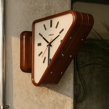 Wall clock with brown frame on a textured wall