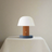 Table lamp with white shade, wooden base, and blue skirt on a beige background