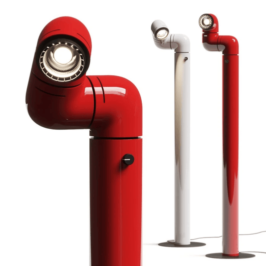Red and white industrial-style lamps on a white background