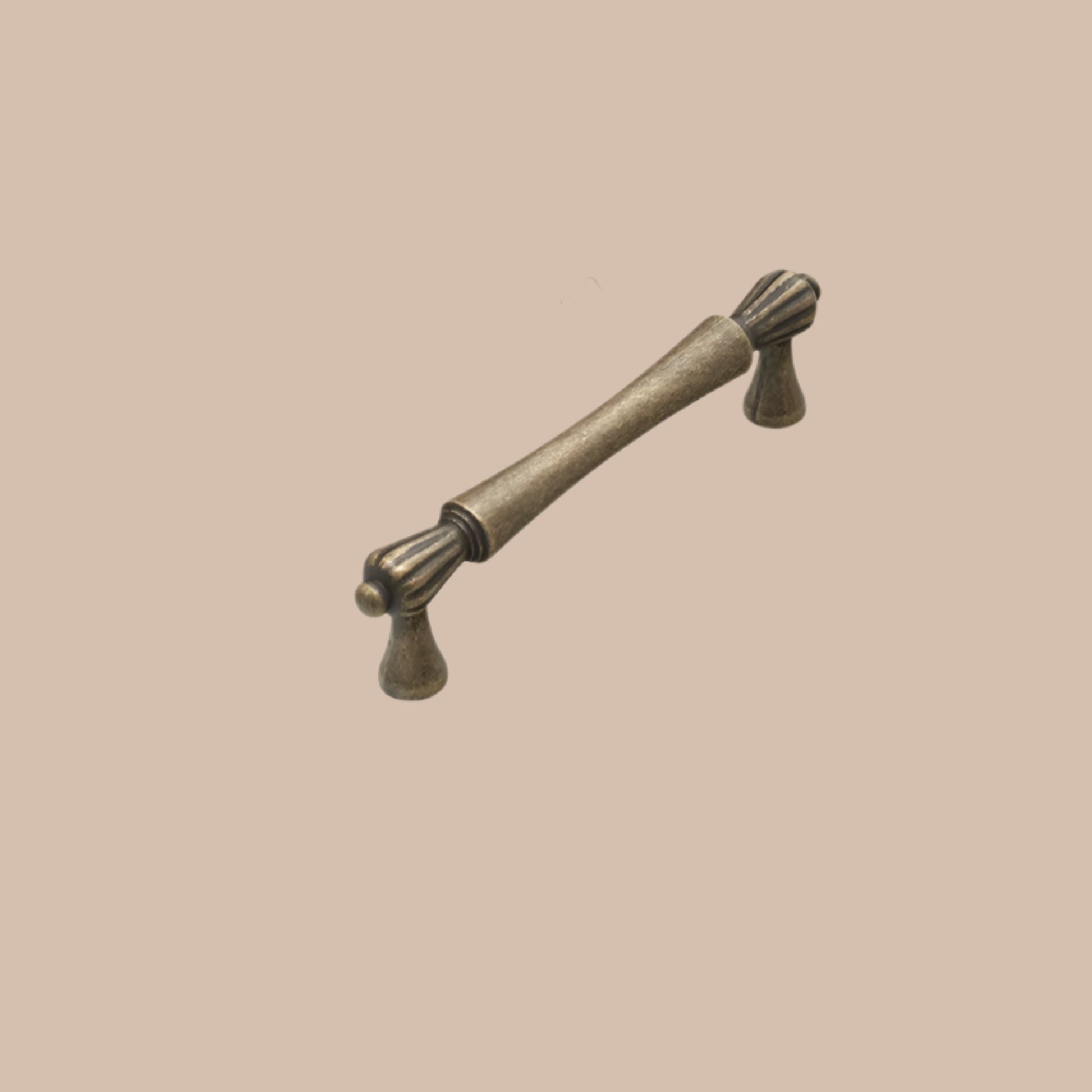 Bronze cabinet handle with dimensions labeled on a white background