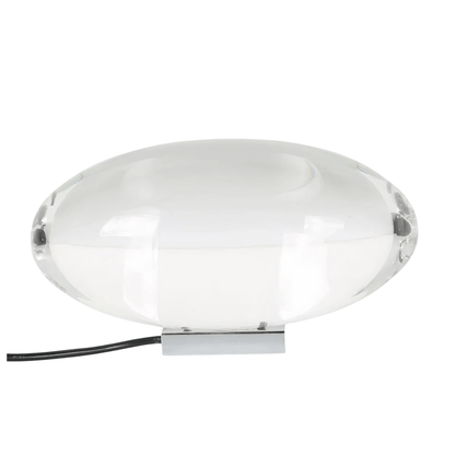 Modern table lamp with a white glass shade on a white background