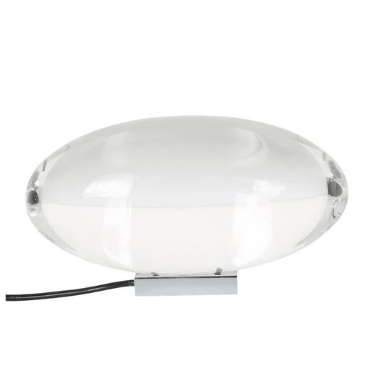 Modern table lamp with a white glass shade on a white background