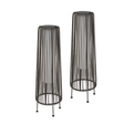 Two black wire mesh plant stands on a white background
