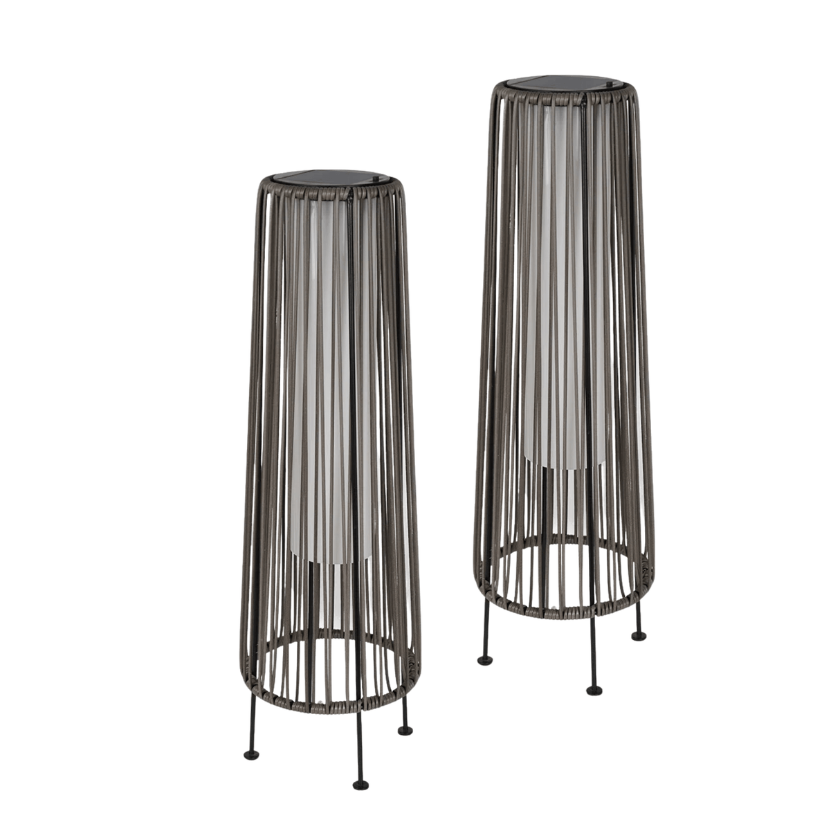 Two black wire mesh plant stands on a white background