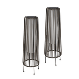 Two black wire mesh plant stands on a white background