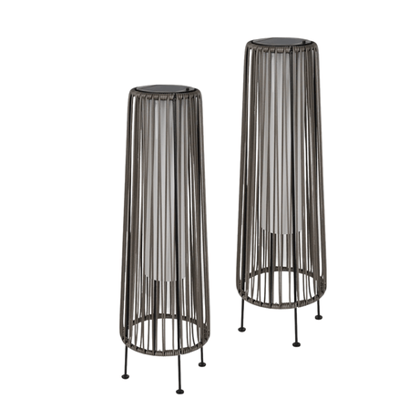 Two black wire mesh plant stands on a white background