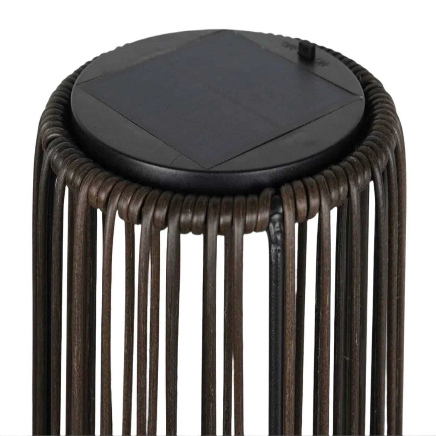 Solar-powered outdoor lamp with rattan design and black solar panel on a white background.