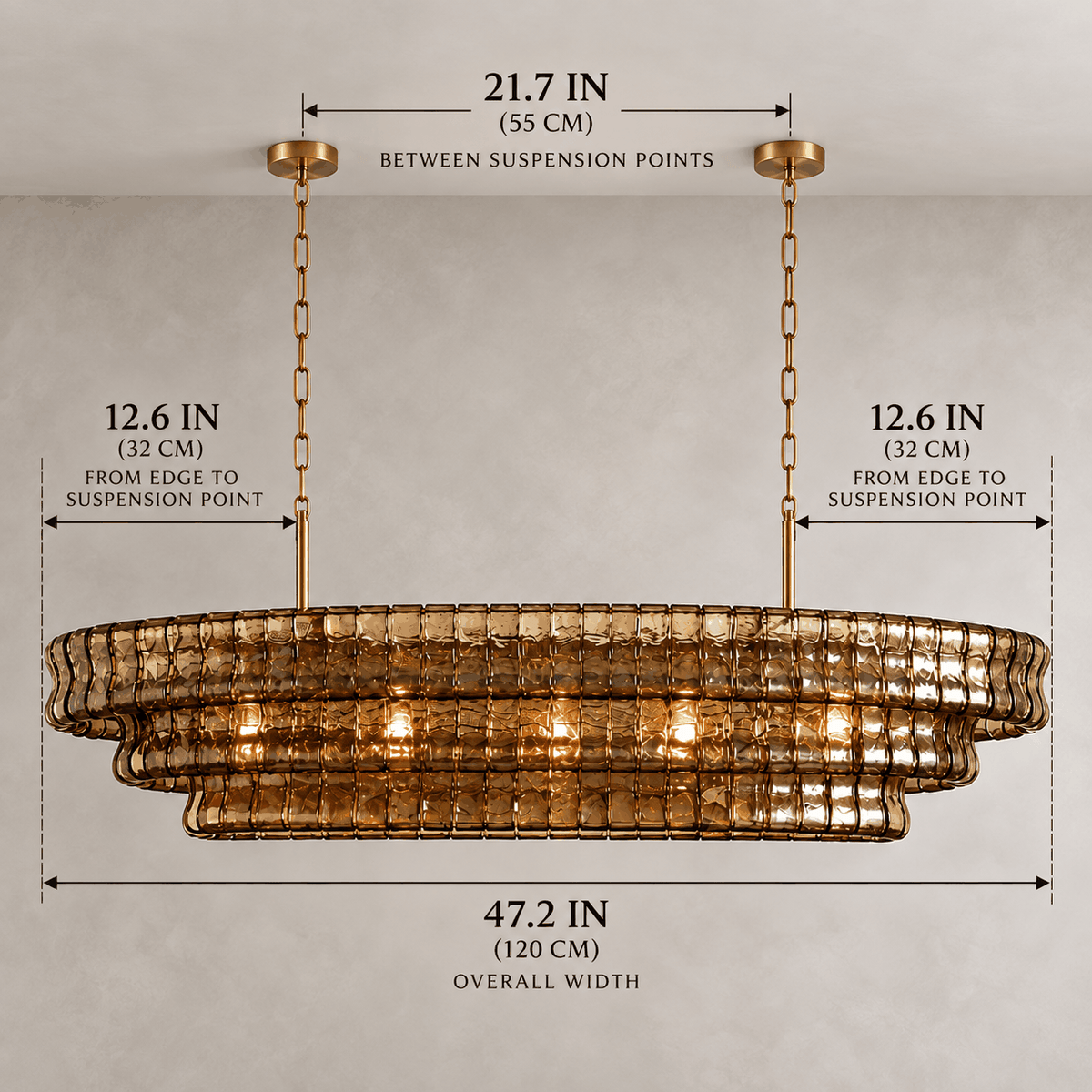 Étoile Vintage French Gray Glass Chandelier dimension diagram showing 47.2 in (120 cm) overall width, 21.7 in (55 cm) between suspension points, and approximately 12.6 in (32 cm) from each outer edge to the suspension point.