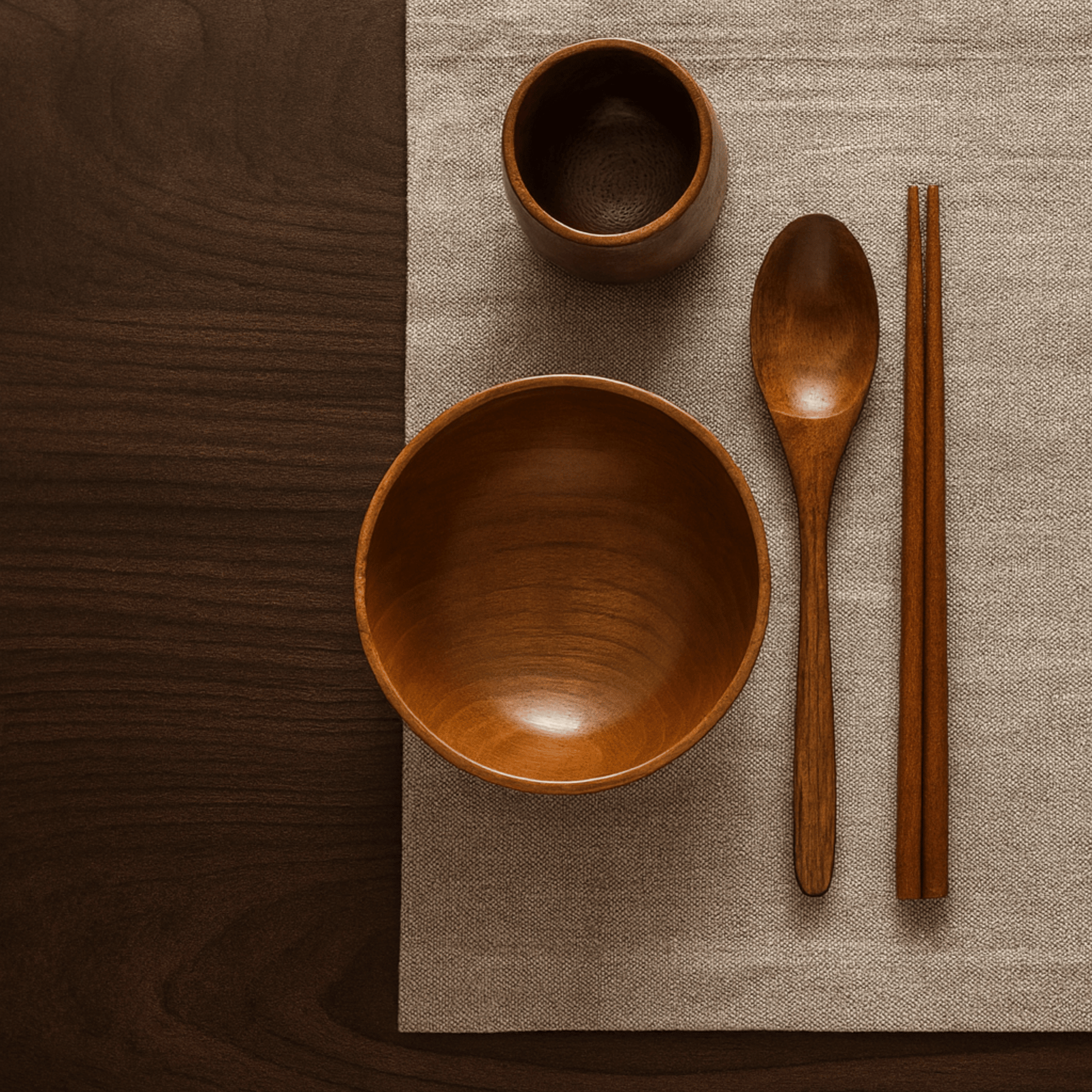 Wooden bowls, spoon, and chopsticks on a textured surface