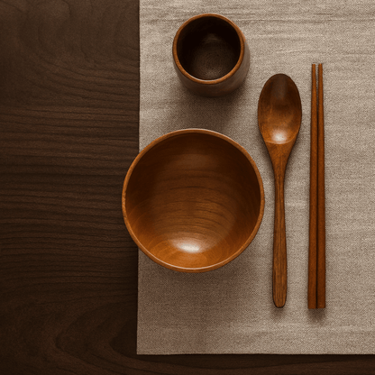 Wooden bowls, spoon, and chopsticks on a textured surface