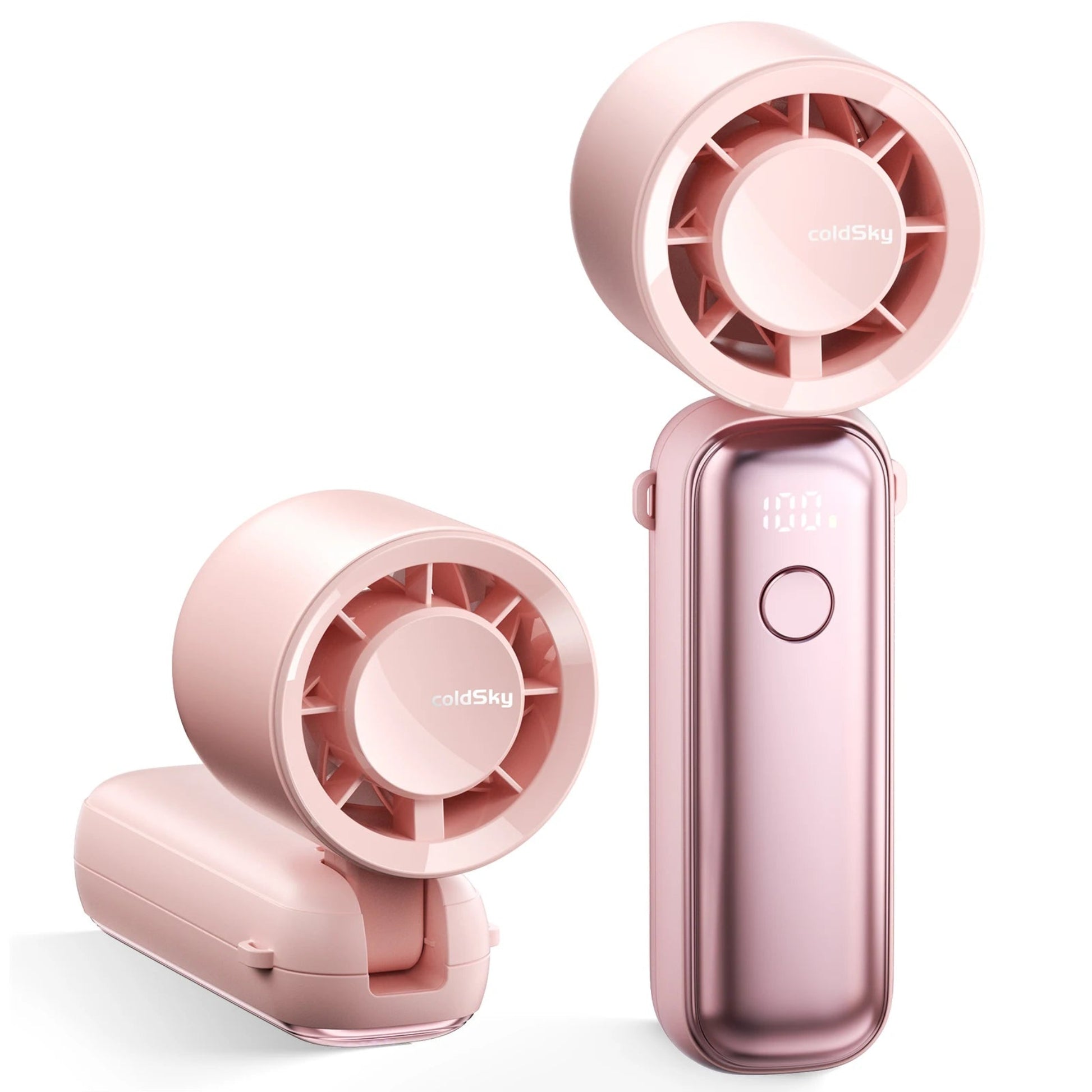 Pink handheld fan with a compact design on a white background