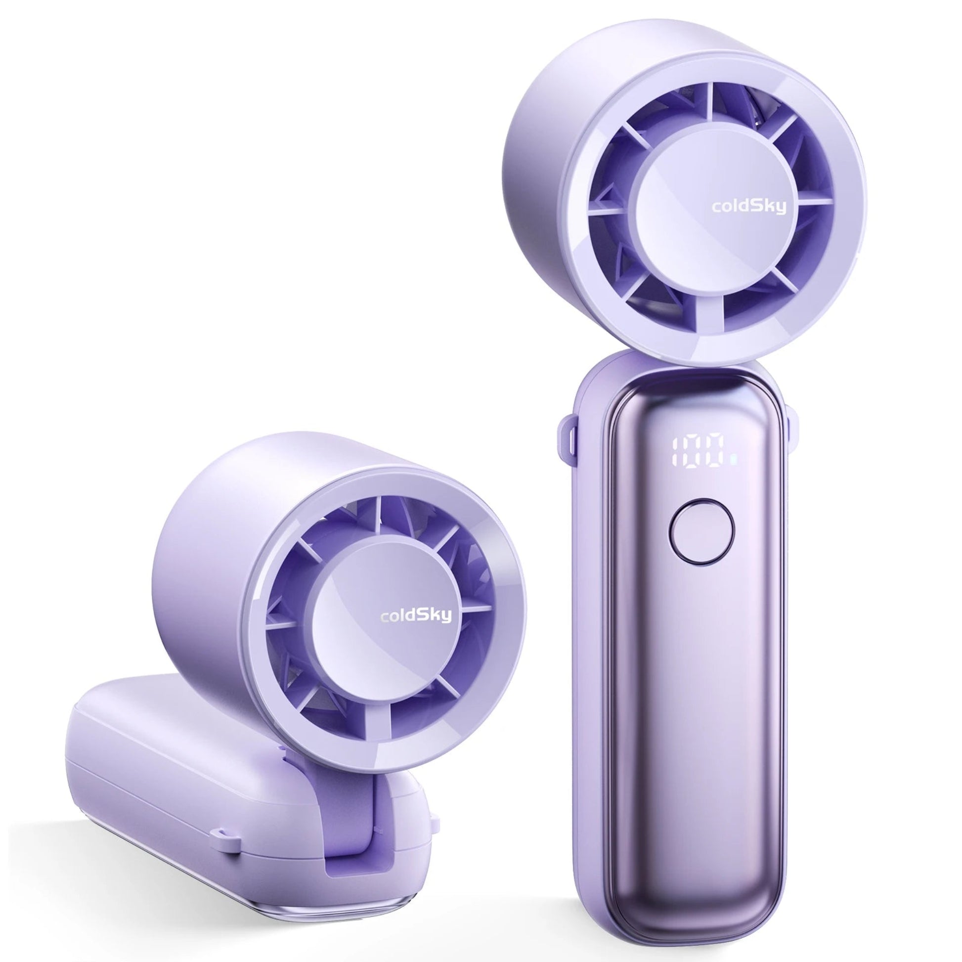 Purple handheld fan with two fans on a white background