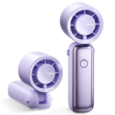 Purple handheld fan with two fans on a white background