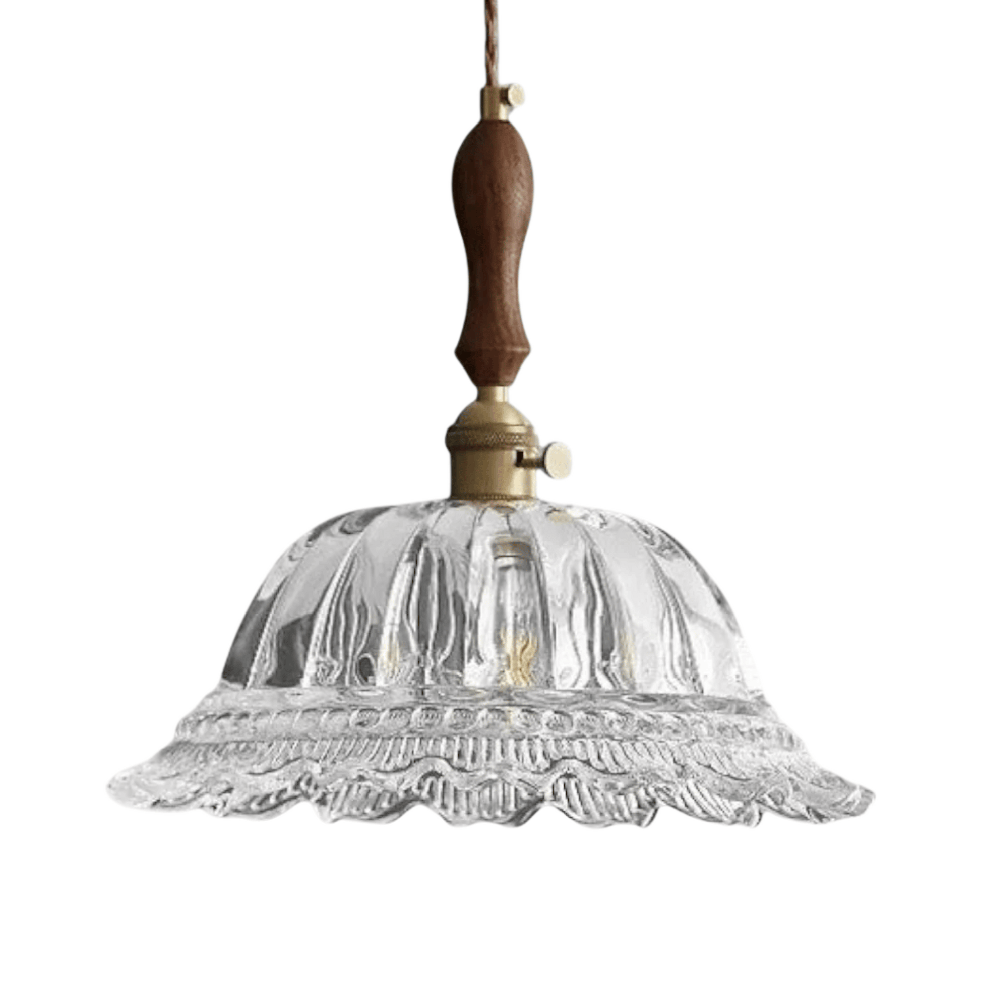 Clear glass pendant light with wooden and brass accents on a white background